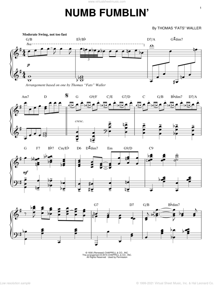 Numb Fumblin' [Stride version] (arr. Brent Edstrom) sheet music for piano solo by Fats Waller and Miscellaneous, intermediate skill level