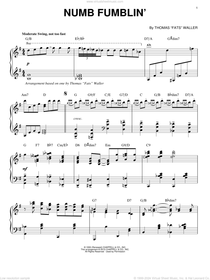 Numb Fumblin' [Stride version] (arr. Brent Edstrom) sheet music for piano solo by Fats Waller and Miscellaneous, intermediate skill level