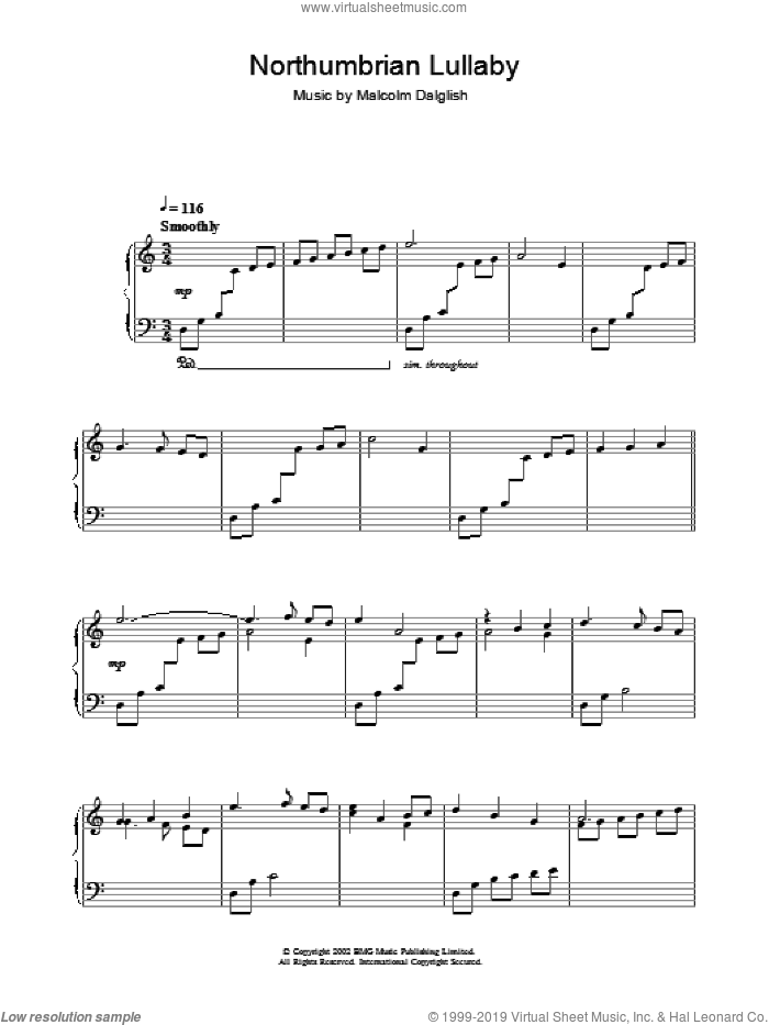Northumbrian Lullabye sheet music for piano solo by Malcolm Dalglish, intermediate skill level