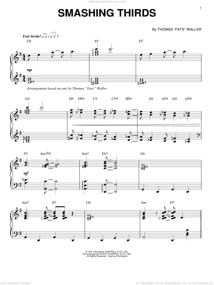 Smashing Thirds [Stride version] (arr. Brent Edstrom) sheet music for piano solo by Fats Waller, intermediate skill level