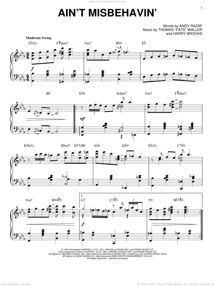 Ain't Misbehavin' [Stride version] (arr. Brent Edstrom) sheet music for piano solo by Andy Razaf, Hank Williams, Jr., Thomas Waller, Thomas Waller and Harry Brooks, intermediate skill level