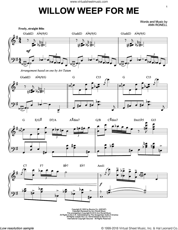 Willow Weep For Me [Stride version] (arr. Brent Edstrom) sheet music for piano solo by Chad & Jeremy and Ann Ronell, intermediate skill level