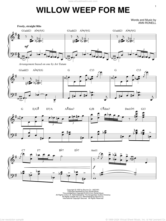 Willow Weep For Me [Stride version] (arr. Brent Edstrom) sheet music for piano solo by Chad & Jeremy and Ann Ronell, intermediate skill level