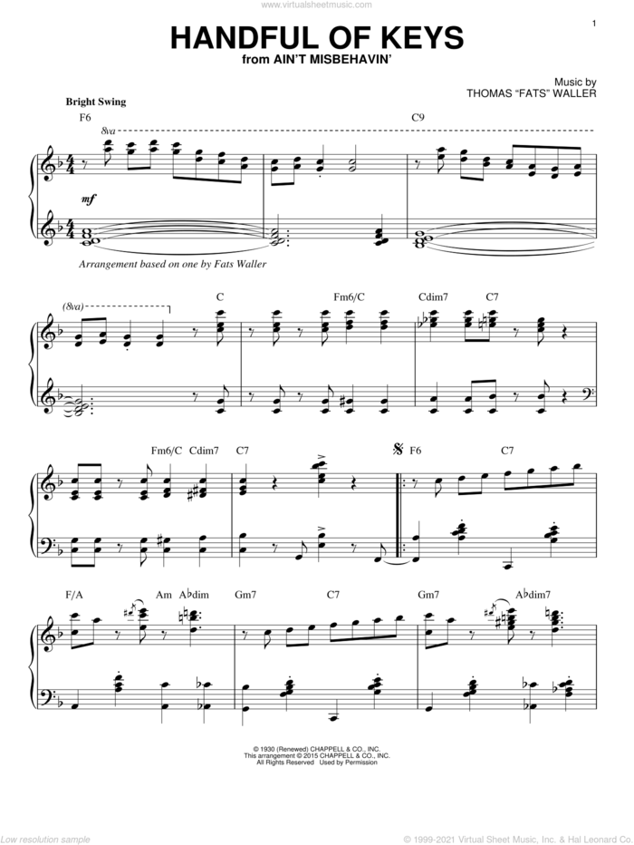 Handful Of Keys [Stride version] (arr. Brent Edstrom) sheet music for piano solo by Fats Waller and Thomas Waller, intermediate skill level