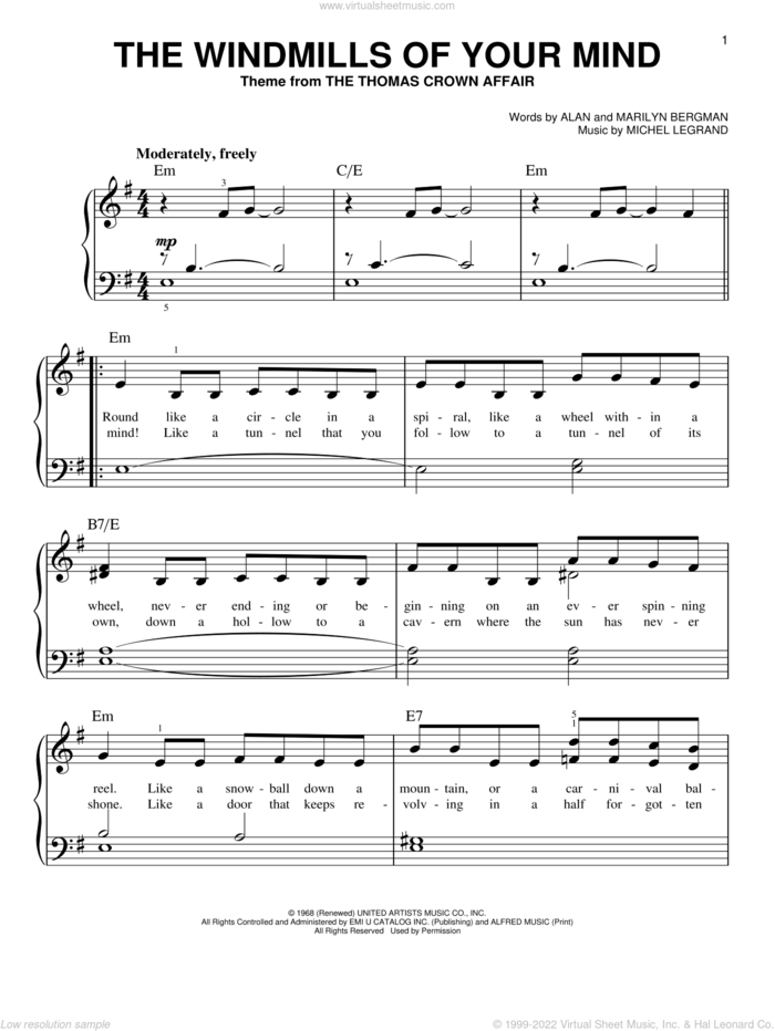 The Windmills Of Your Mind sheet music for piano solo by Michel LeGrand, Alan Bergman and Marilyn Bergman, beginner skill level
