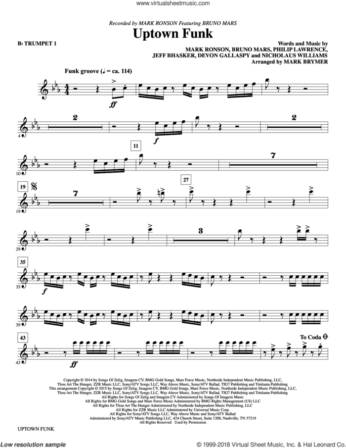 Uptown Funk (complete set of parts) sheet music for orchestra/band by Mark Brymer, Bruno Mars, Devon Gallaspy, Jeff Bhasker, Mark Ronson, Mark Ronson ft. Bruno Mars, Nicholaus Williams and Philip Lawrence, intermediate skill level