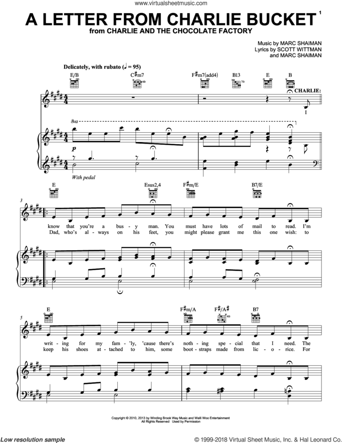 A Letter From Charlie Bucket sheet music for voice, piano or guitar by Marc Shaiman & Scott Wittman, Marc Shaiman and Scott Wittman, intermediate skill level