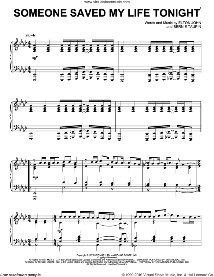 Someone Saved My Life Tonight, (intermediate) sheet music for piano solo by Elton John and Bernie Taupin, intermediate skill level