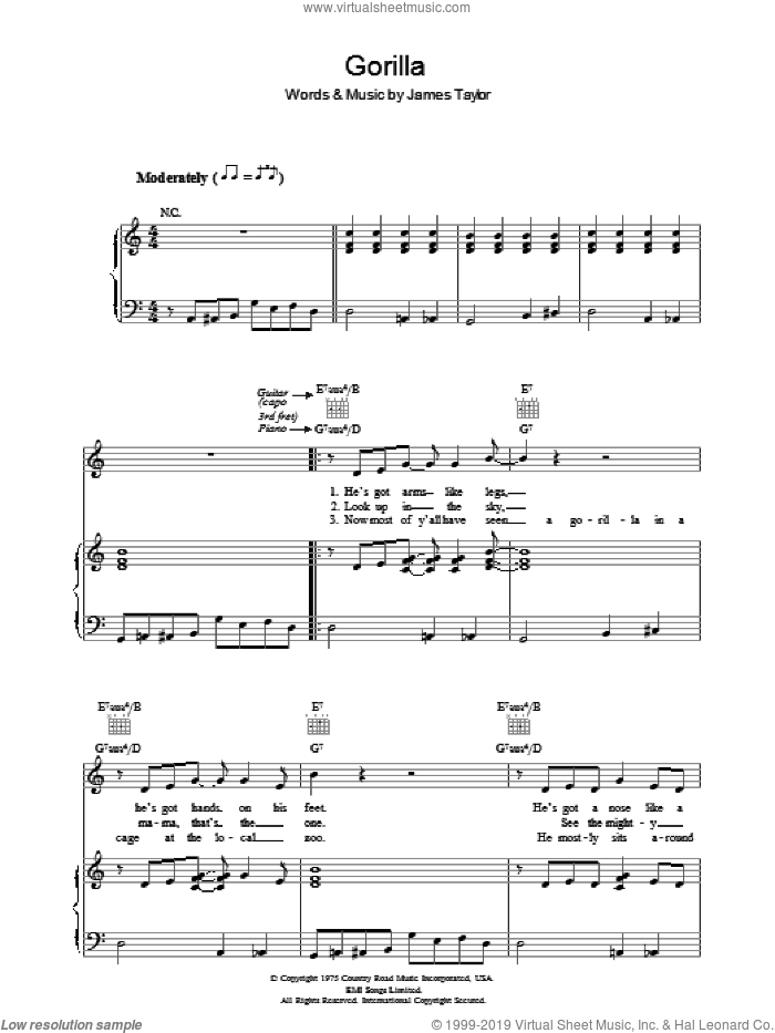Gorilla sheet music for voice, piano or guitar by James Taylor, intermediate skill level