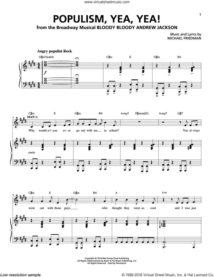 Populism, Yea, Yea! sheet music for voice and piano by Michael Friedman, intermediate skill level