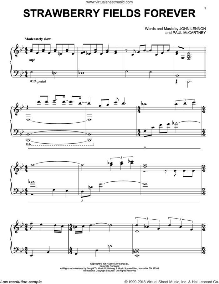 Strawberry Fields Forever, (intermediate) sheet music for piano solo by The Beatles, John Lennon and Paul McCartney, intermediate skill level