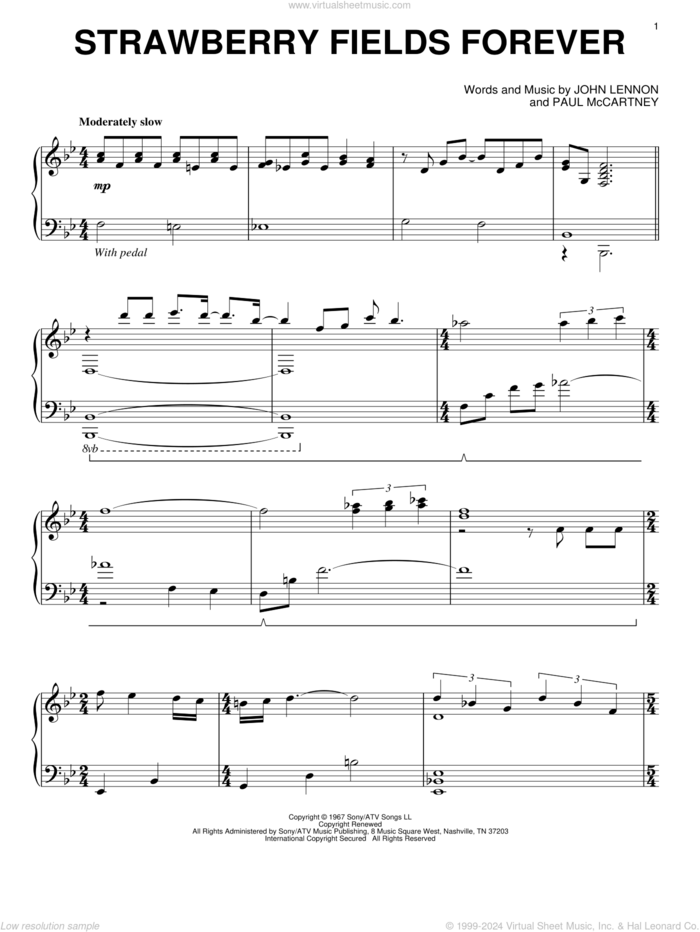 Strawberry Fields Forever, (intermediate) sheet music for piano solo by The Beatles, John Lennon and Paul McCartney, intermediate skill level