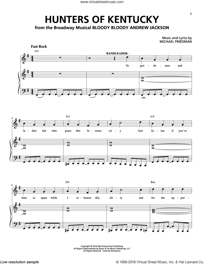 Hunters Of Kentucky sheet music for voice and piano by Michael Friedman, intermediate skill level