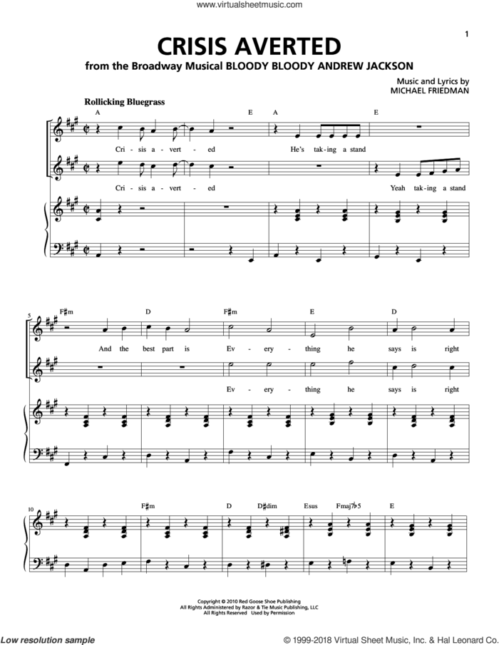 Crisis Averted sheet music for voice and piano by Michael Friedman, intermediate skill level