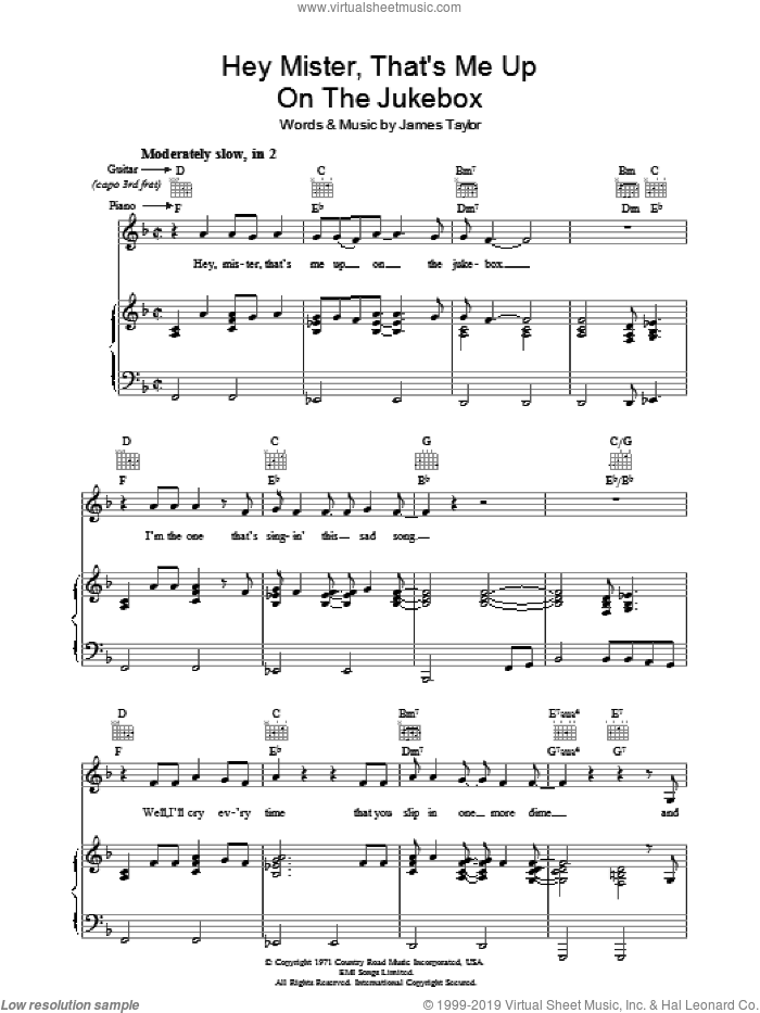 Hey Mister That's Me Up On The Jukebox sheet music for voice, piano or guitar by James Taylor, intermediate skill level