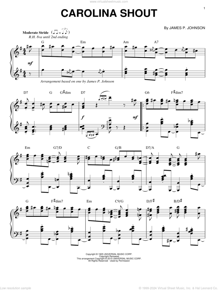 Carolina Shout [Stride version] (arr. Brent Edstrom) sheet music for piano solo by James P. Johnson, intermediate skill level