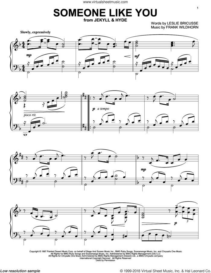 Someone Like You, (intermediate) sheet music for piano solo by Frank Wildhorn, Leslie Bricusse and Linda Eder, intermediate skill level