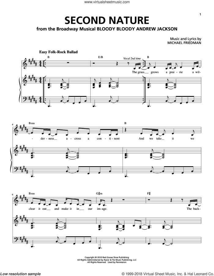 Second Nature sheet music for voice and piano by Michael Friedman, intermediate skill level