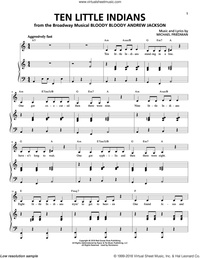 Ten Little Indians sheet music for voice and piano by Michael Friedman, intermediate skill level