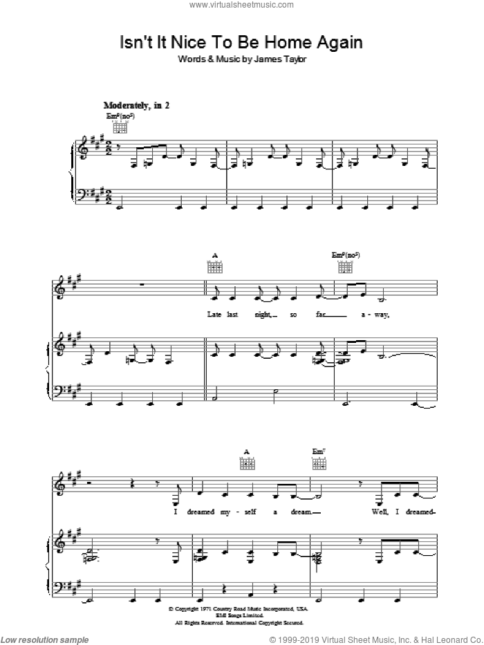 Isn't It Nice To Be Home Again sheet music for voice, piano or guitar by James Taylor, intermediate skill level