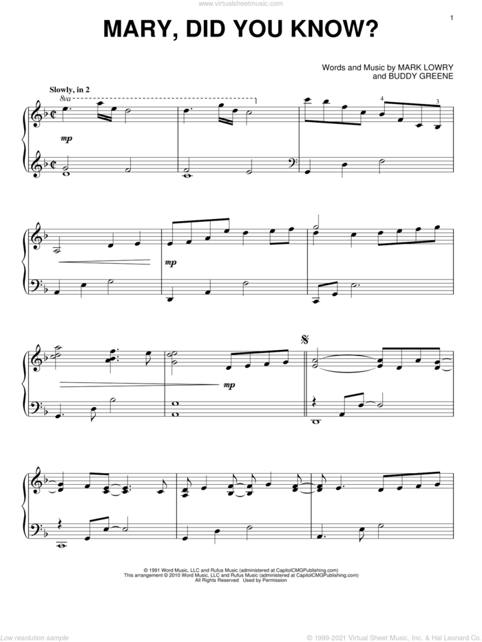 Mary, Did You Know? sheet music for piano solo by Mark Lowry, Buddy Greene and Kathy Mattea, intermediate skill level