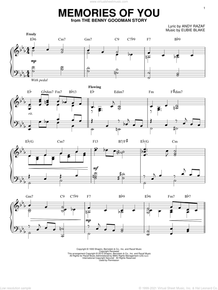 Memories Of You [Stride version] (arr. Brent Edstrom) sheet music for piano solo by Andy Razaf and Eubie Blake, intermediate skill level
