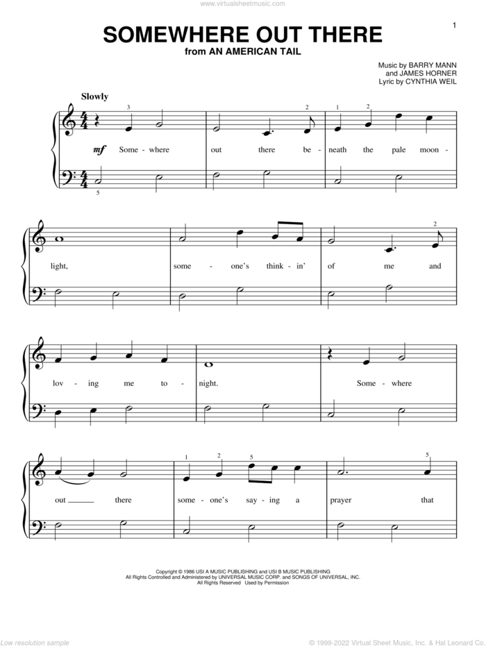 Somewhere Out There sheet music for piano solo by Linda Ronstadt & James Ingram, Barry Mann, Cynthia Weil and James Horner, beginner skill level