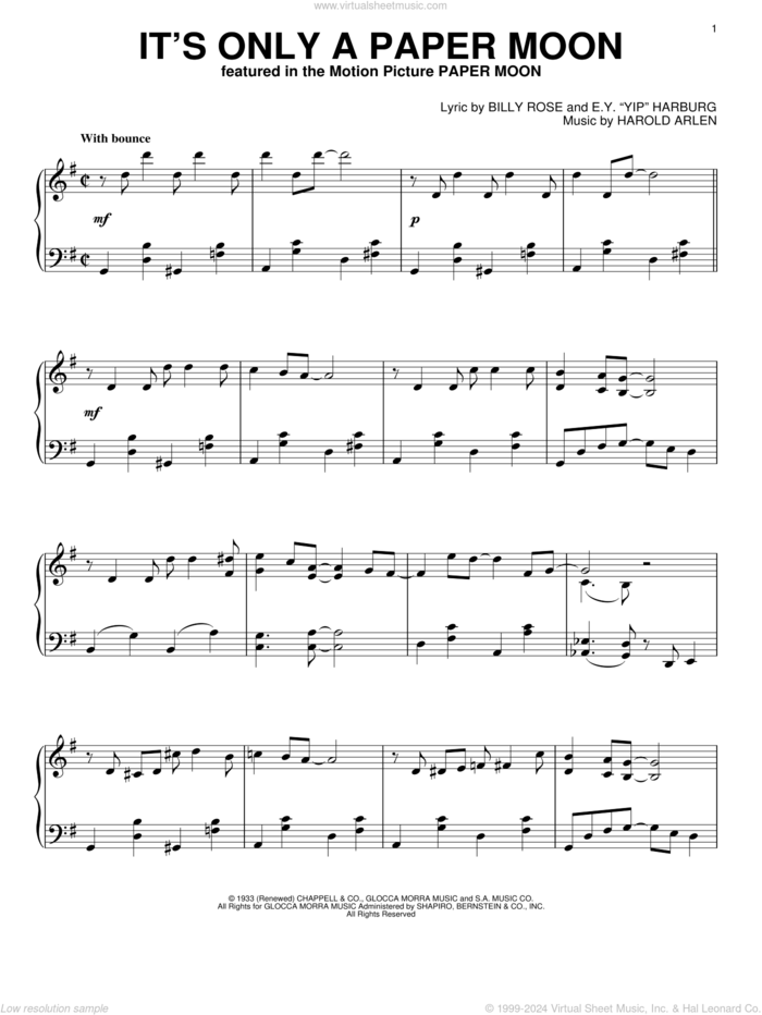 It's Only A Paper Moon sheet music for piano solo by Harold Arlen, Billy Rose and E.Y. Harburg, intermediate skill level