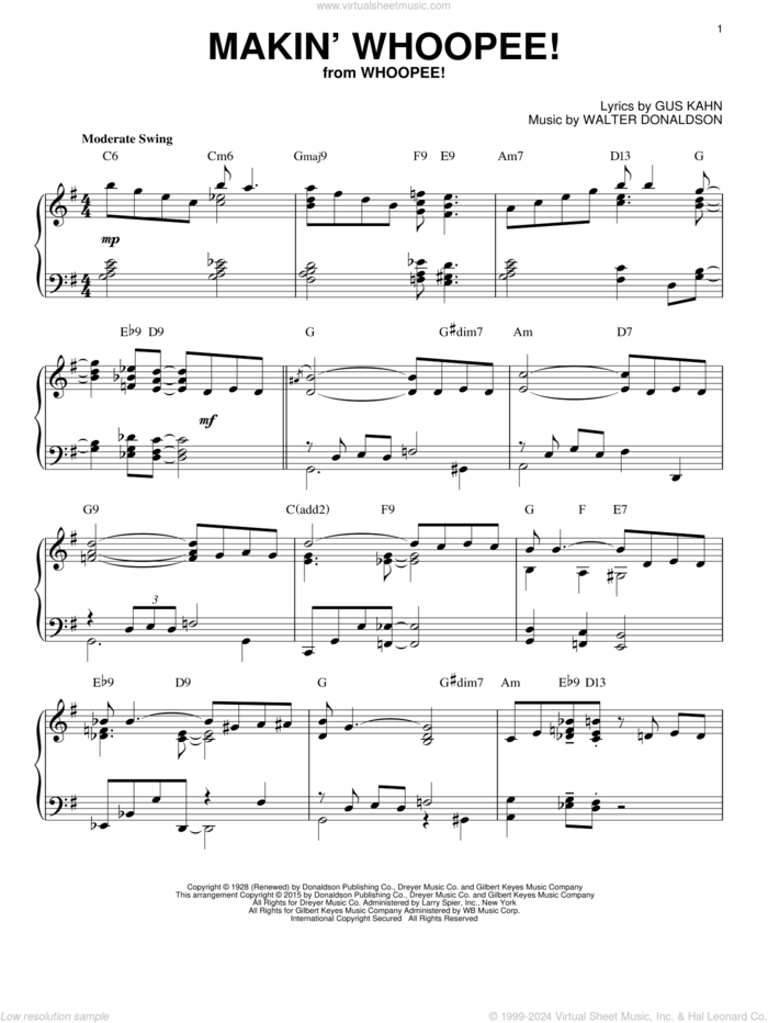 Makin' Whoopee! [Stride version] (arr. Brent Edstrom) sheet music for piano solo by Walter Donaldson, Gus Kahn and John Hicks, intermediate skill level