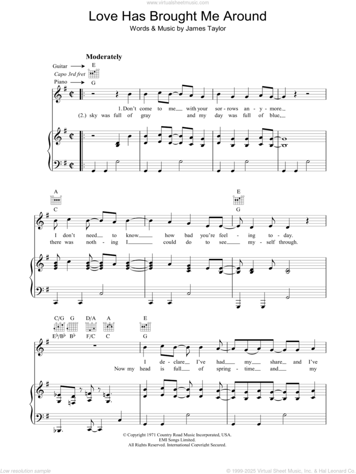 Love Has Brought Me Around sheet music for voice, piano or guitar by James Taylor, intermediate skill level