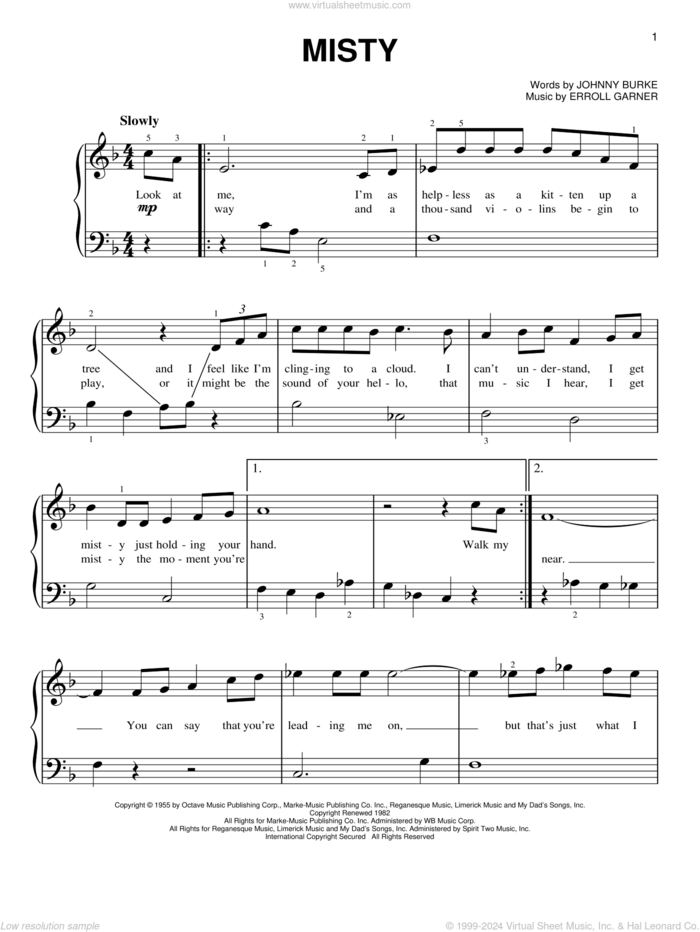 Misty sheet music for piano solo by Johnny Mathis, Erroll Garner and John Burke, beginner skill level