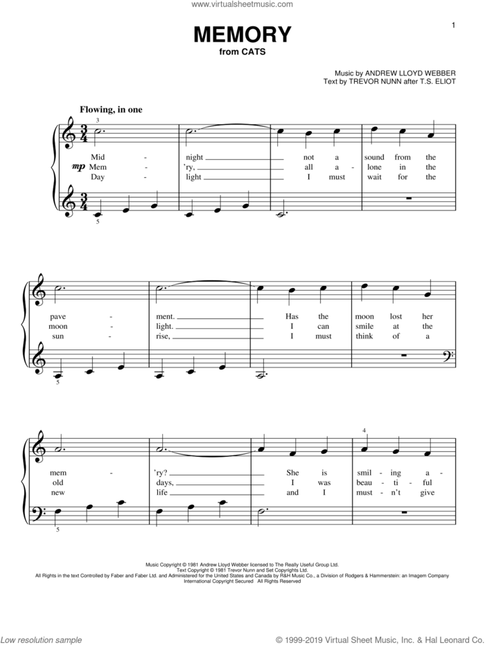 Memory (from Cats) sheet music for piano solo by Andrew Lloyd Webber, Barbra Streisand and Trevor Nunn, beginner skill level