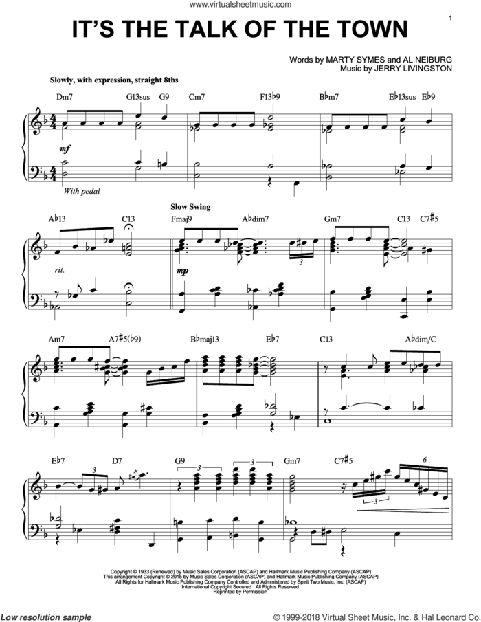 It's The Talk Of The Town [Stride version] (arr. Brent Edstrom) sheet music for piano solo by Jerry Livingston, Al Neiburg and Marty Symes, intermediate skill level