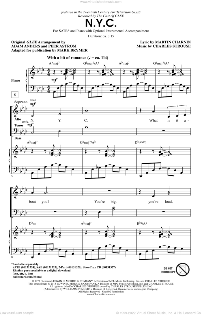 N.Y.C. sheet music for choir (SATB: soprano, alto, tenor, bass) by Mark Brymer, Charles Strouse and Martin Charnin, intermediate skill level