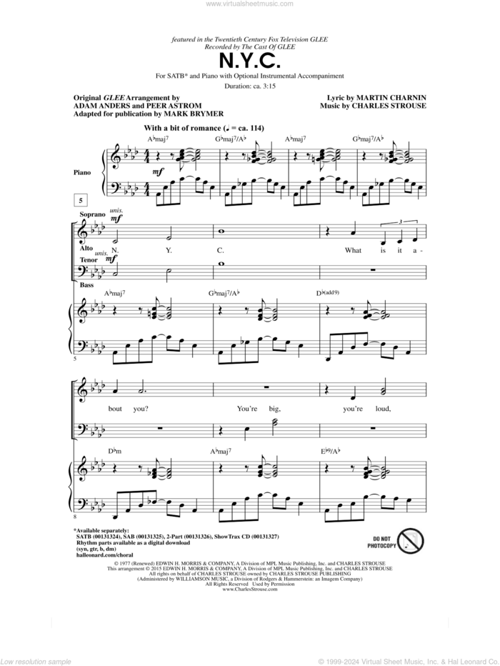 N.Y.C. sheet music for choir (SATB: soprano, alto, tenor, bass) by Mark Brymer, Charles Strouse and Martin Charnin, intermediate skill level