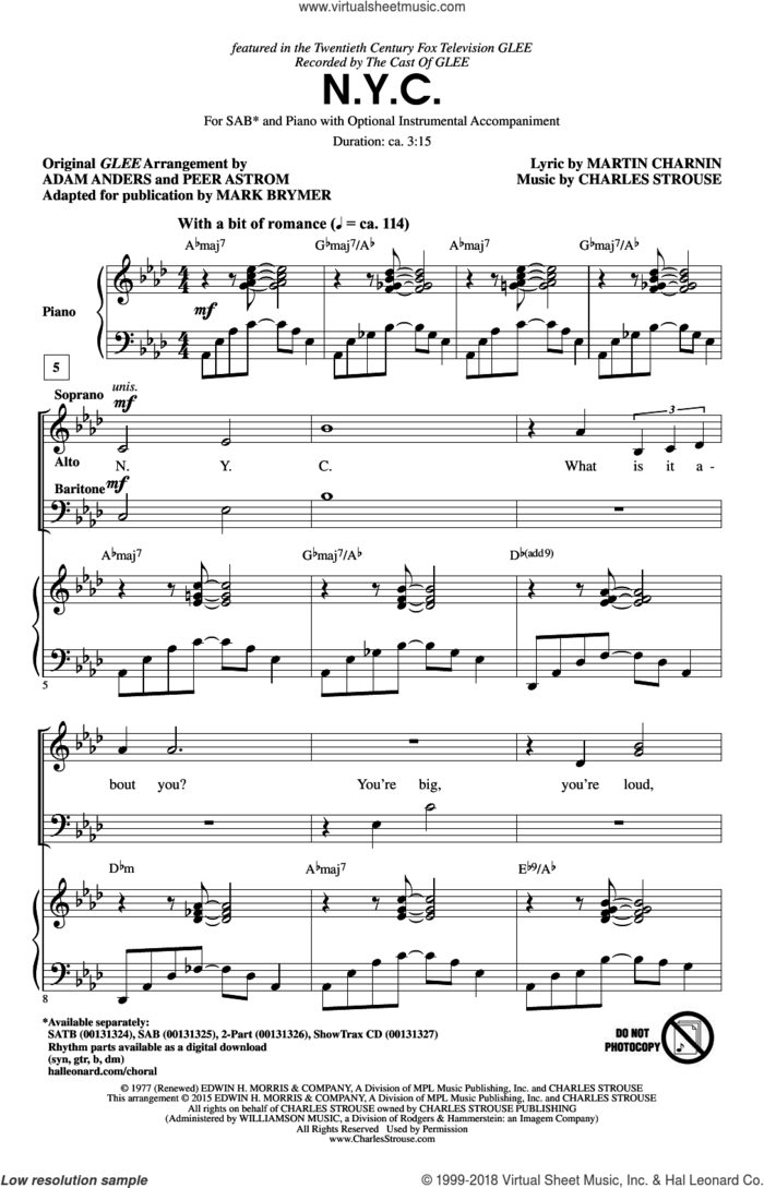 N.Y.C. sheet music for choir (SAB: soprano, alto, bass) by Mark Brymer, Charles Strouse, Glee Cast and Martin Charnin, intermediate skill level
