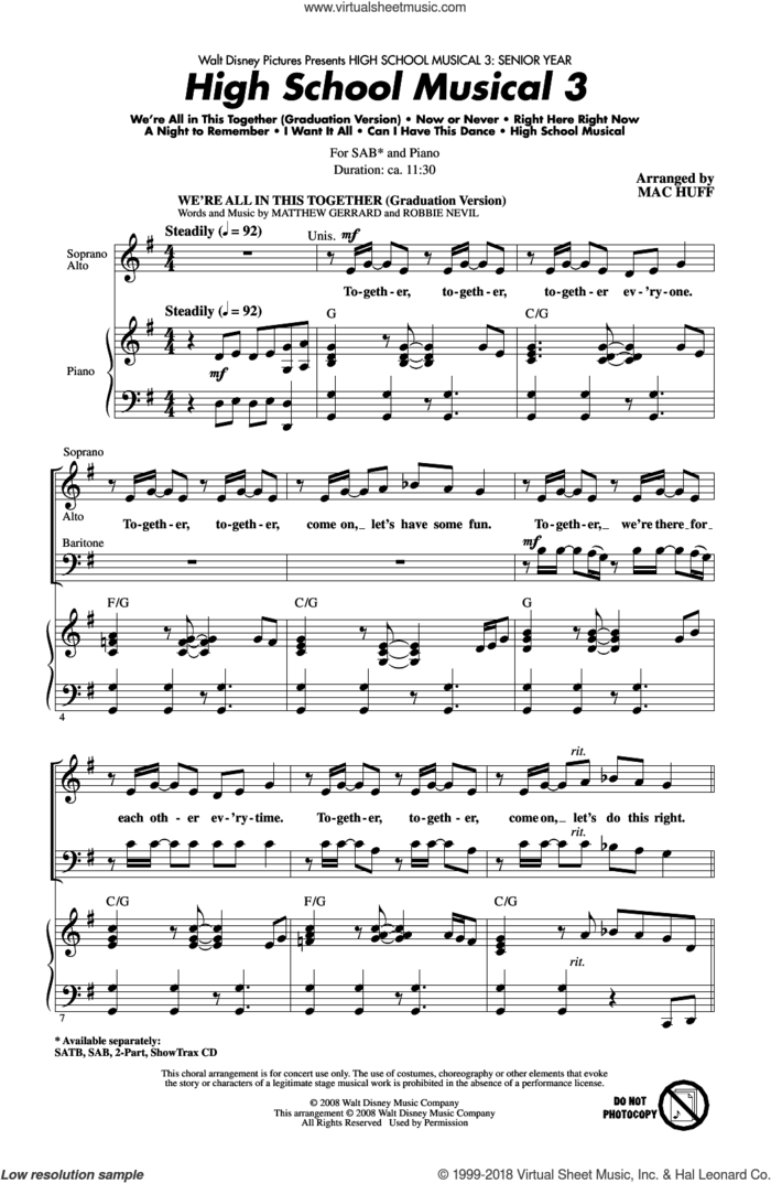 High School Musical 3 (Choral Medley) sheet music for choir (SAB: soprano, alto, bass) by Mac Huff, Matthew Gerrard and Robbie Nevil, intermediate skill level