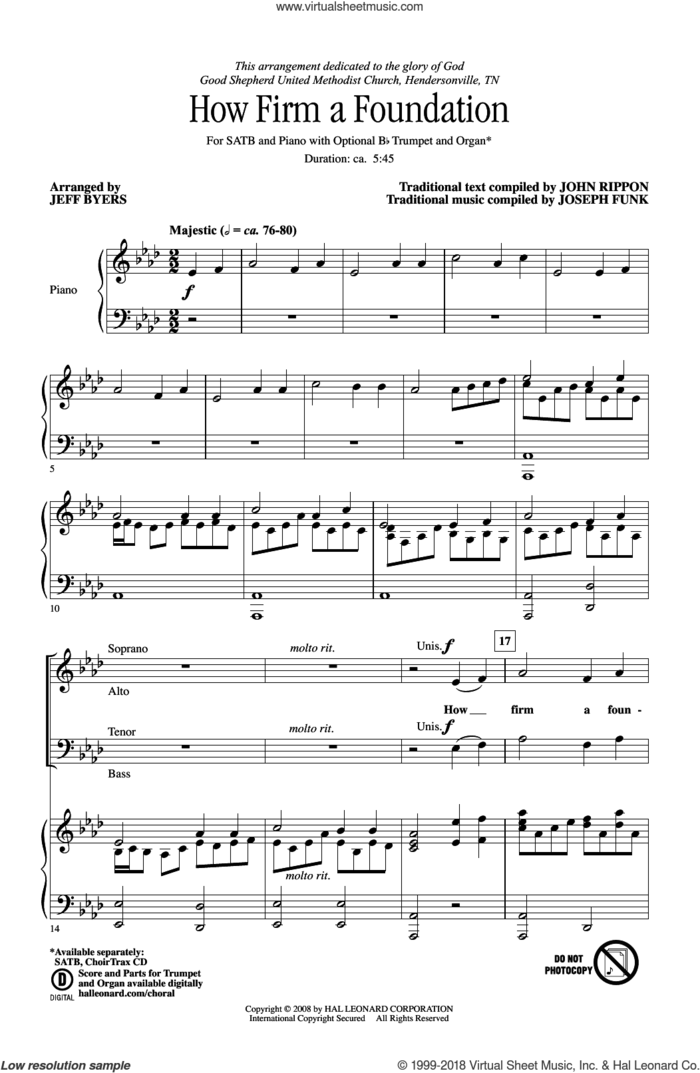 How Firm a Foundation sheet music for choir (SATB: soprano, alto, tenor, bass) by John Rippon, Jeff Byers and Joseph Funk, intermediate skill level