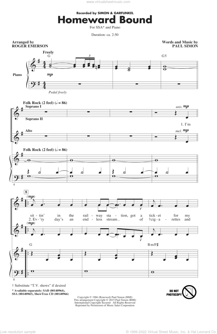 Homeward Bound sheet music for choir (SSA: soprano, alto) by Roger Emerson, Paul Simon and Simon & Garfunkel, intermediate skill level