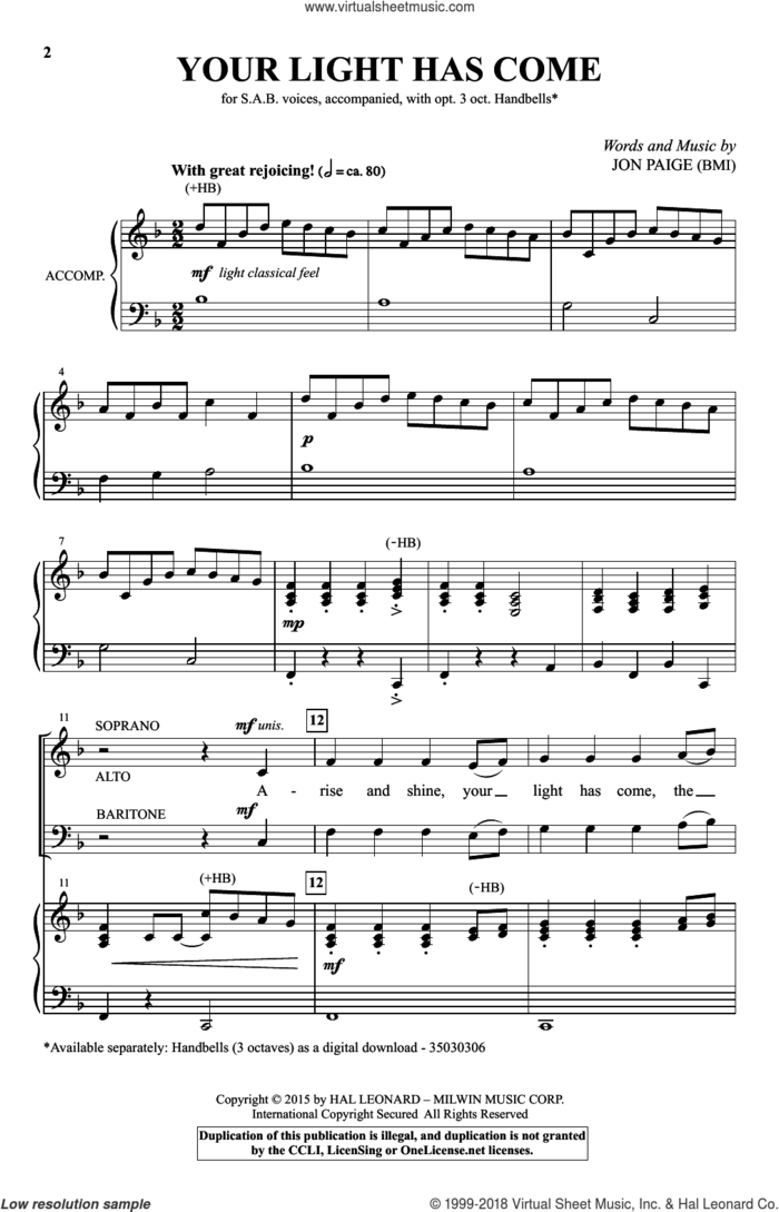 Your Light Has Come sheet music for choir (SAB: soprano, alto, bass) by Jon Paige, intermediate skill level