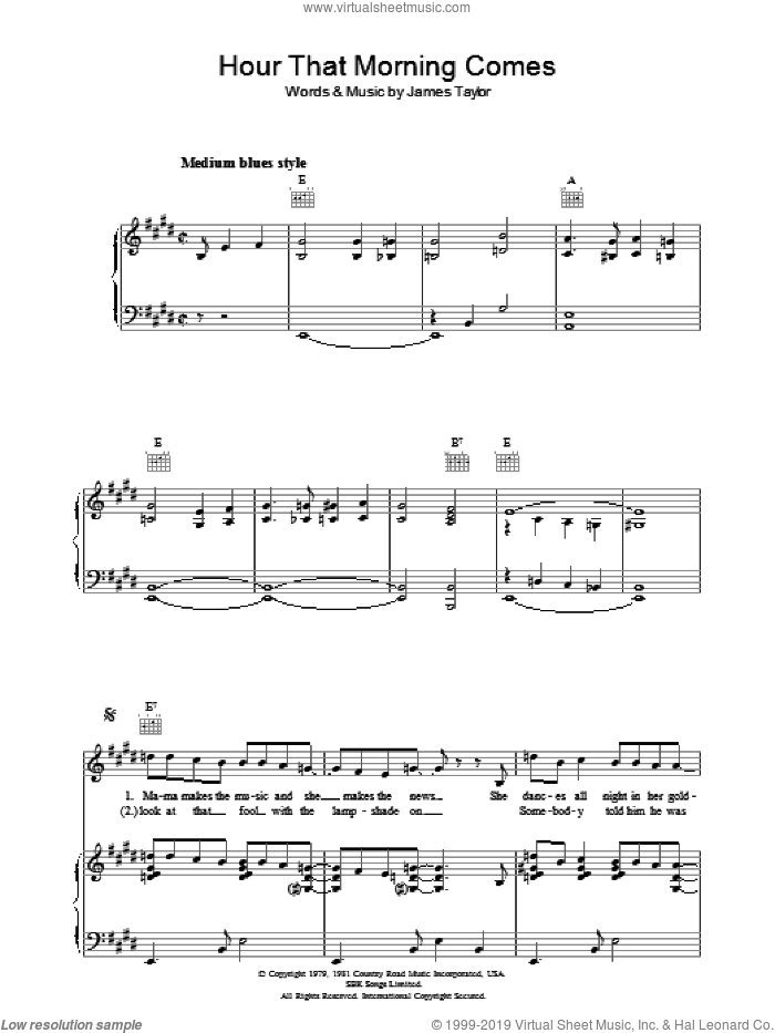 Hour That Morning Comes sheet music for voice, piano or guitar by James Taylor, intermediate skill level