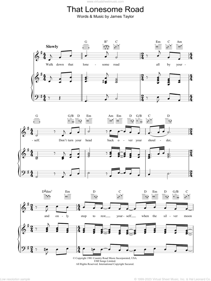 That Lonesome Road sheet music for voice, piano or guitar by James Taylor, intermediate skill level