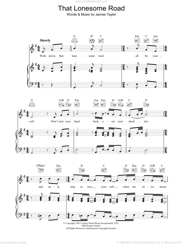 That Lonesome Road sheet music for voice, piano or guitar by James Taylor, intermediate skill level