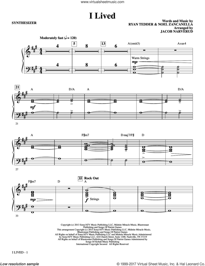 I Lived (complete set of parts) sheet music for orchestra/band by OneRepublic, Jacob Narverud, Noel Zancanella and Ryan Tedder, intermediate skill level