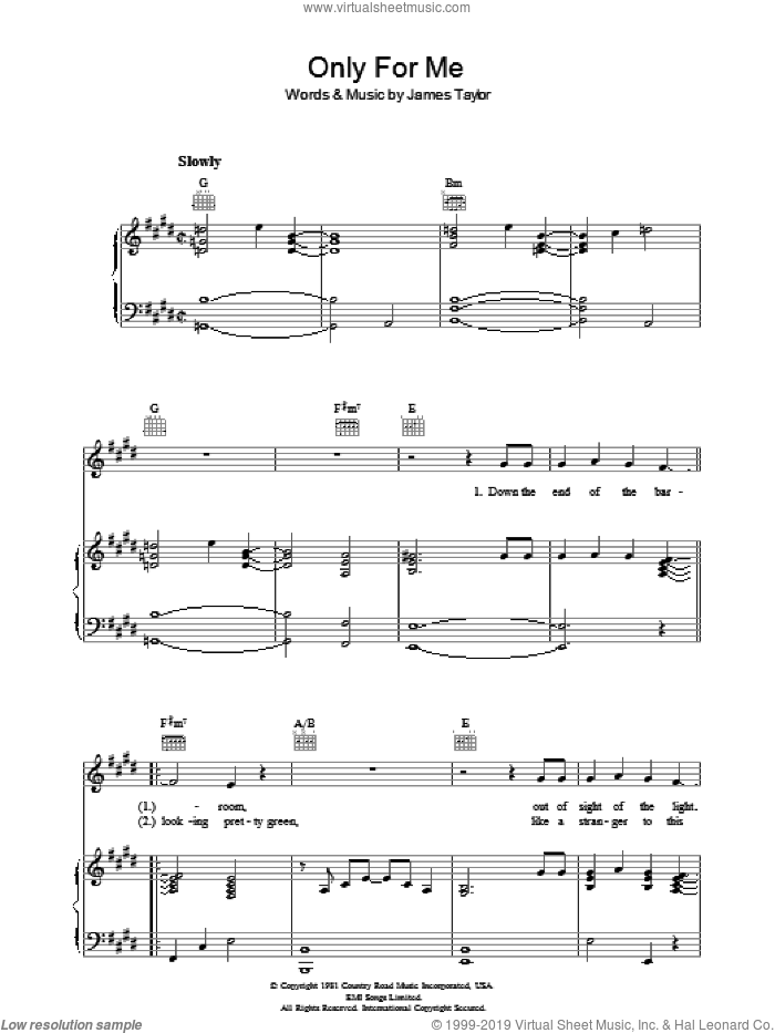 Only For Me sheet music for voice, piano or guitar by James Taylor, intermediate skill level