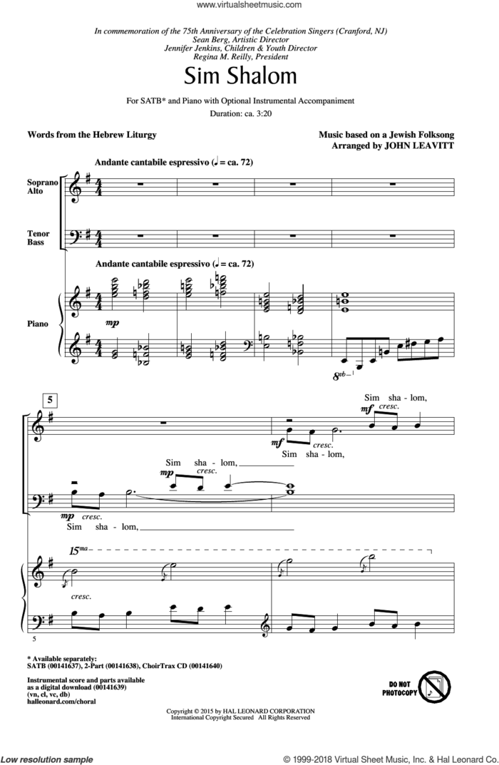 Sim Shalom sheet music for choir (SATB: soprano, alto, tenor, bass) by John Leavitt, Jewish Folksong and The Hebrew Liturgy, intermediate skill level