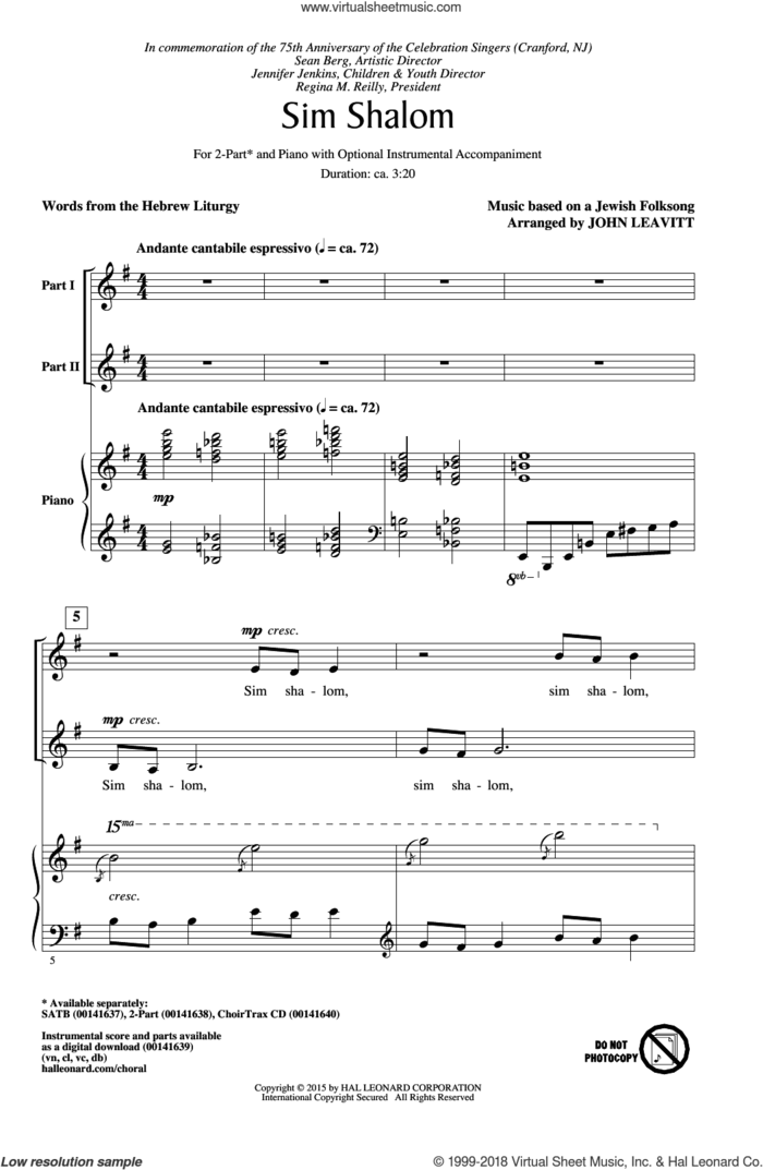 Sim Shalom sheet music for choir (2-Part) by John Leavitt, Jewish Folksong and The Hebrew Liturgy, intermediate duet