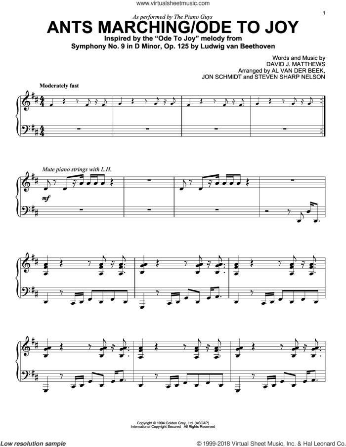 Ants Marching/Ode To Joy sheet music for piano solo by The Piano Guys, Al van der Beek, Dave Matthews Band, Jon Schmidt, Ludwig van Beethoven and Steven Sharp Nelson, intermediate skill level