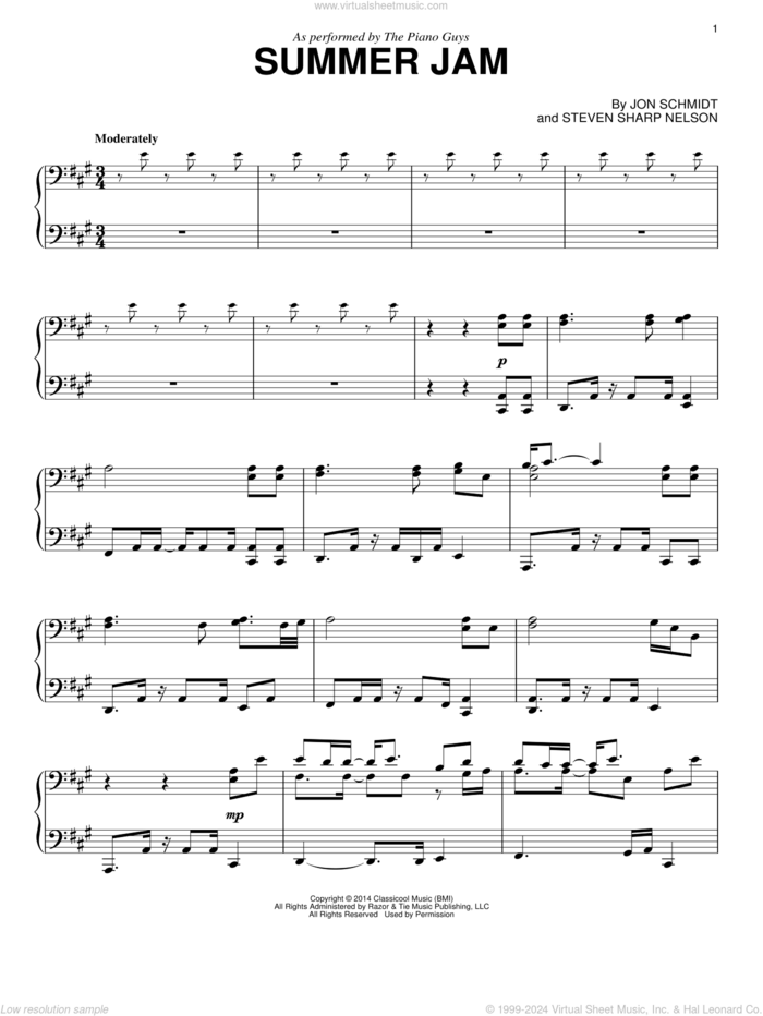 Summer Jam sheet music for piano solo by The Piano Guys, Jon Schmidt and Steven Sharp Nelson, intermediate skill level