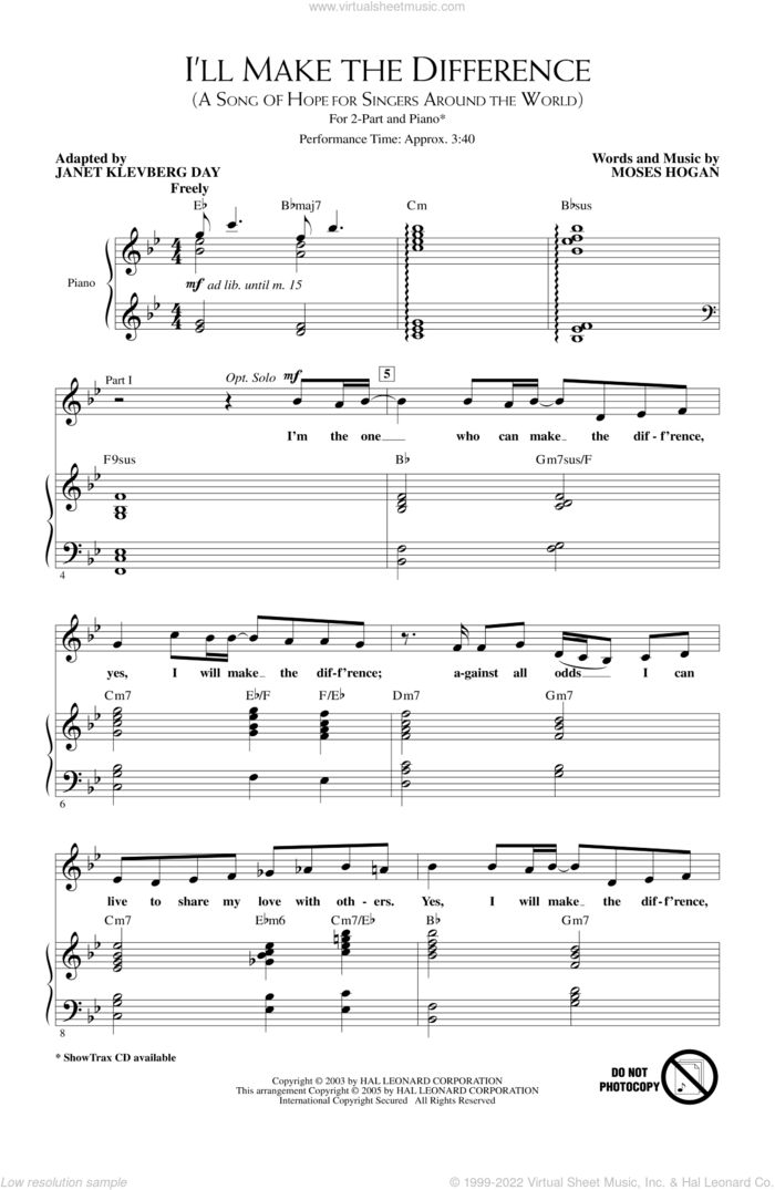 Logisk råb op Mål Hogan - I'll Make The Difference (A Song Of Hope For Singers Around The  World) sheet music for choir (2-Part)